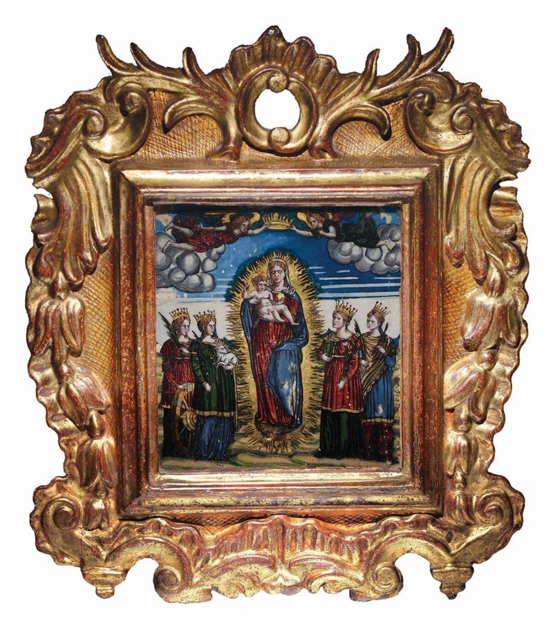 Dipinto policromo sotto vetro raffigurante Immacolata concezione con quattro Sante martiri, scuola Veneta del XVII secolo  - Asta Scultura e Oggetti d'Arte - Cambi Casa d'Aste