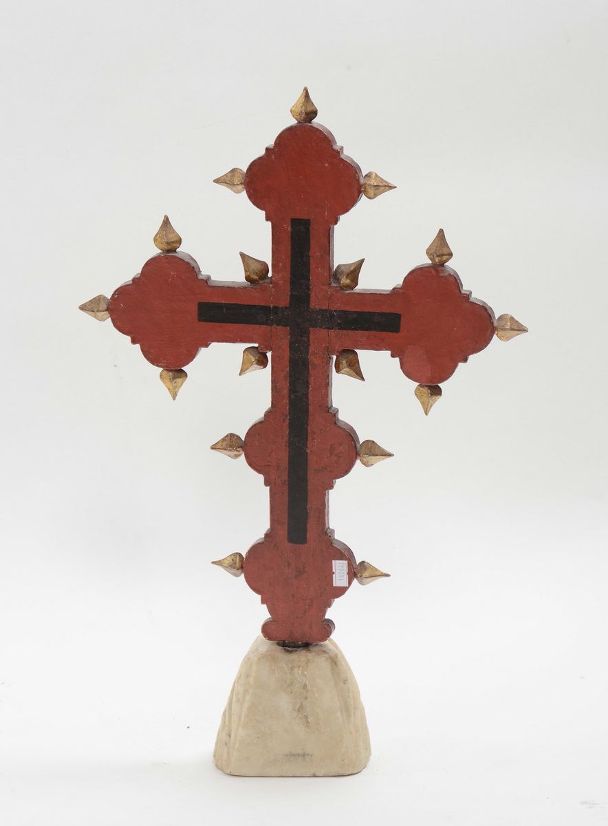 Croce Astile Polilobata in Legno Dipinto con Crocifissione e Santi, Scuola Dell'italia Centrale d...