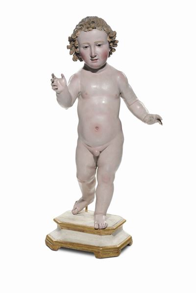 Scultura in Legno Intagliato e Policromo Raffigurante Gesu’ Bambino Benedicente. Napoli XVIII Sec...