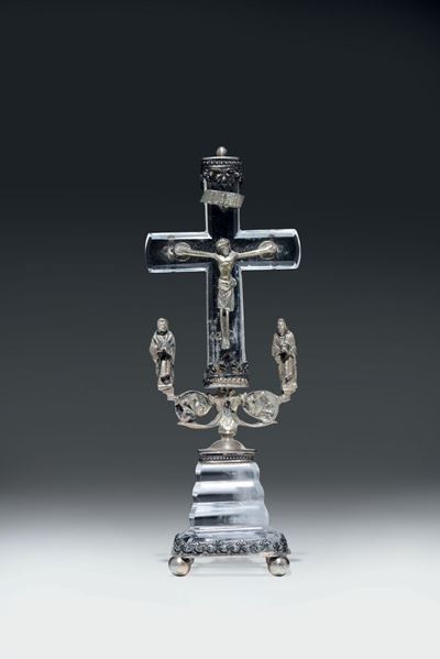 Croce da Tavolo in Argento Dorato e Cristallo di Rocca, Germania o Spagna XVIII Secolo
