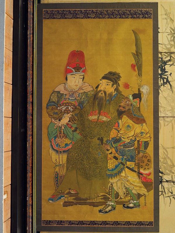 Dipinto su carta raffigurante tre guerrieri firmato Teng Yuan, Cina, Dinastia Qing, XIX secolo