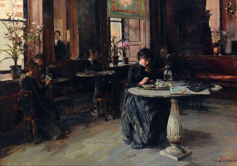 Giuseppe Ferdinando Piana (1864 - 1956) Figure al bar, 1888  - Auction 19th and 20th Century Paintings - Cambi Casa d'Aste