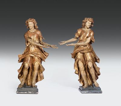 Coppia di Grandi Figure in Legno Policromo Dorato, Arte Lombardo-veneta XVI-XVII Secolo