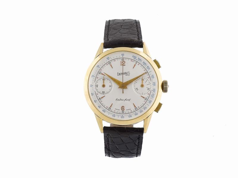 EBERHARD & Co., La Chaux-de-Fonds, Extra- Fort, case No. 1029897, 18K yellow gold oversized wristwatch with square button chronograph, register and tachometer. Made circa 1950  - Auction Watches and Pocket Watches - Cambi Casa d'Aste