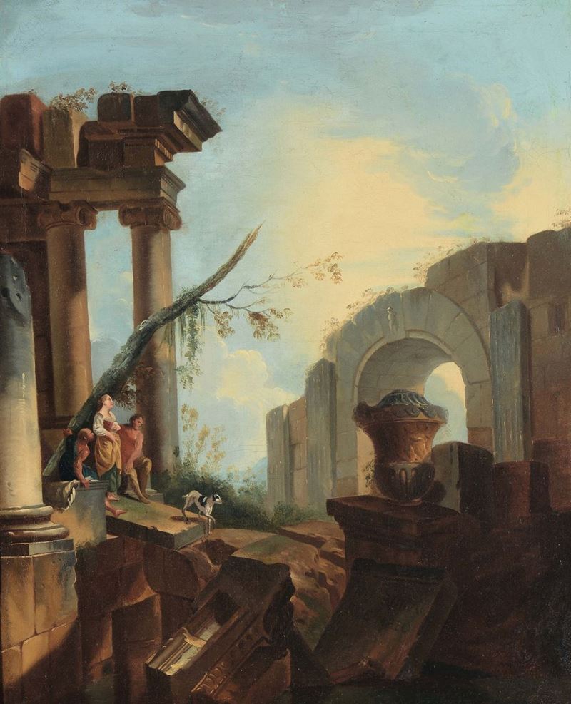 Scuola romana del XVIII secolo Capriccio con rovine classiche  - Asta Dipinti Antichi - I - Cambi Casa d'Aste