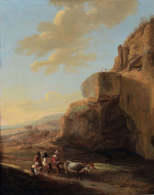 Pittore Fiammingo del XVIII secolo Paesaggio con viandanti ai piedi di una rupe