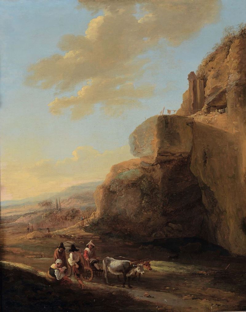 Pittore Fiammingo del XVIII secolo Paesaggio con viandanti ai piedi di una rupe  - Asta Dipinti Antichi - I - Cambi Casa d'Aste