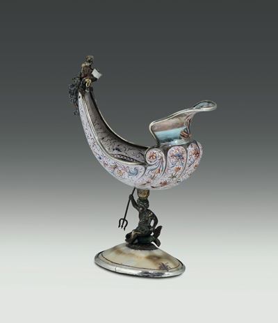 Nautilus in Argento Sbalzato, Smalti e Pietre Dure. Storicismo Viennese, Seconda Metà del XIX Sec...