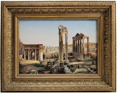 Importante Placca a Micromosaico Raffigurante i Fori Romani con Personaggi, Roma XIX Secolo