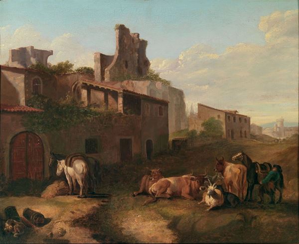 Pittore Fiammingo attivo in Italia nel XVIII secolo Paesaggio con armenti e architetture sullo sfondo