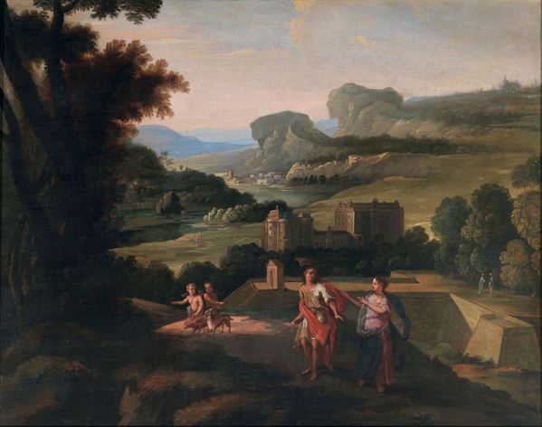 Pittore Romano dell’inizio del XVIII secolo Paesaggio con castello e scena classica