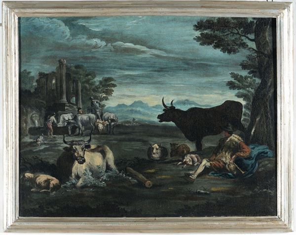 Philipp Peter Roos, detto Rosa da Tivoli (Francoforte sul Meno 1655 - Tivoli 1706), nei modi di Paesaggi pastorali con rovine sul fondo