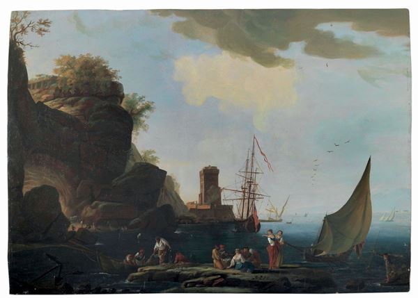 Claude Joseph Vernet (Avignone 1714 - Parigi 1789), nei modi di Paesaggio costiero con figure e imbarcazioni
