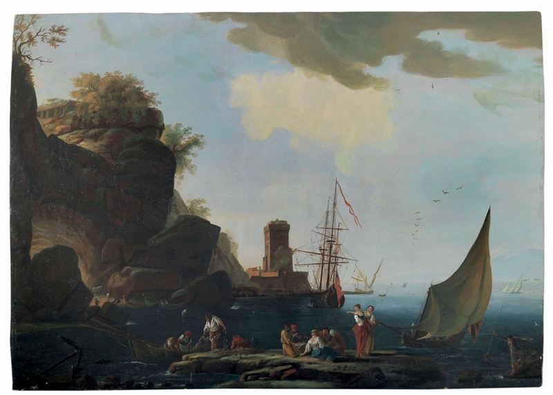 Claude Joseph Vernet (Avignone 1714 - Parigi 1789), nei modi di Paesaggio costiero con figure e imbarcazioni  - Asta Dipinti Antichi - Cambi Casa d'Aste