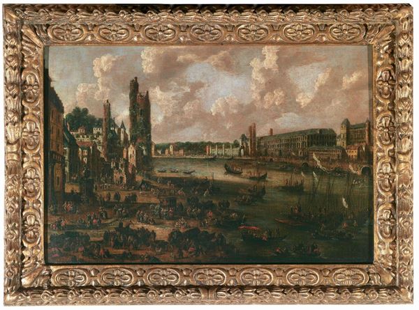 Pittore Fiammingo del XVII secolo Veduta di Parigi con la Senna e il Louvre
