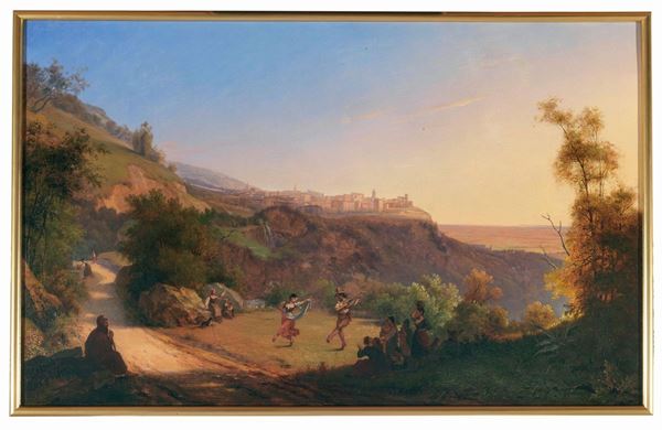 Artista straniero attivo in Italia nel XIX secolo Paesaggio con figure in festa sullo sfondo veduta di Tivoli