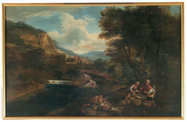Pittore Veneto del XVII secolo Paesaggio fluviale con figure e scena di mercato