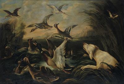 Baldassarre De Caro (napoli 1689-1750)scena di Caccia con Cane e Volatili