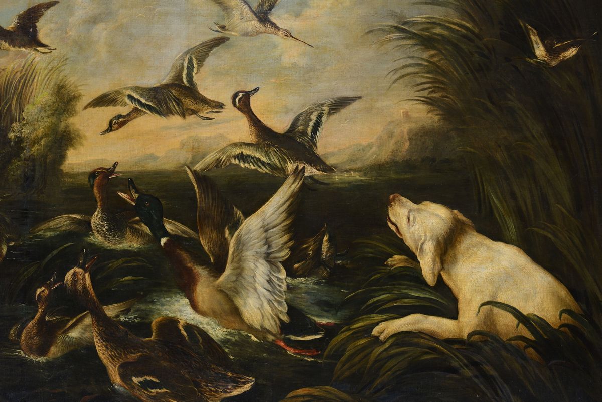 Baldassarre De Caro (napoli 1689-1750)scena di Caccia con Cane e Volatili