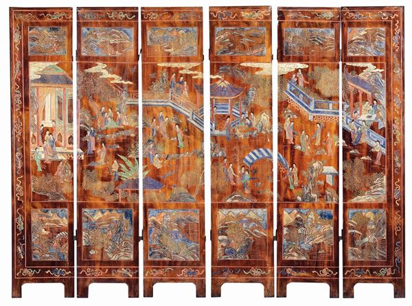 Paravento a sei ante in legno laccato Coromandel, Cina, Dinastia Qing, XVIII secolo