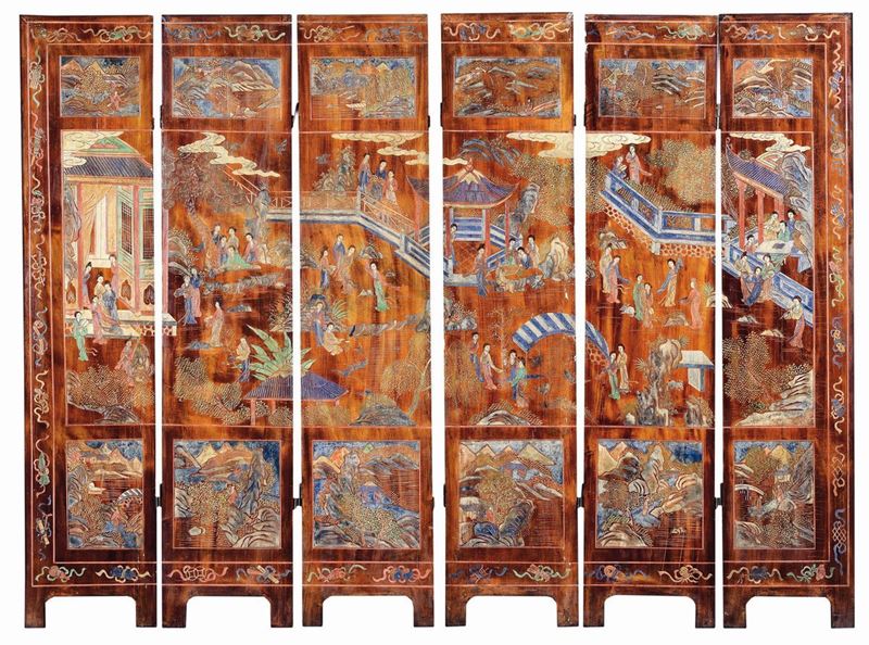 Paravento a sei ante in legno laccato Coromandel, Cina, Dinastia Qing, XVIII secolo  - Asta Fine Chinese Works of Art - Cambi Casa d'Aste