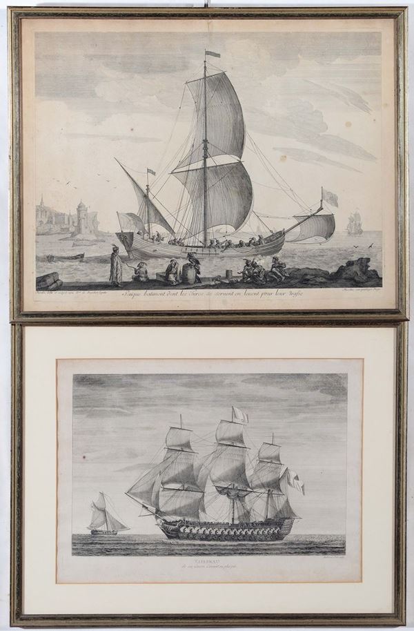 Due incisioni diverse con imbarcazioni, XIX secolo