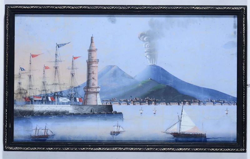 Anonimo del XIX secolo Golfo di Napoli con sfondo del Vesuvio  - Asta Dipinti e Arredi - Cambi Casa d'Aste