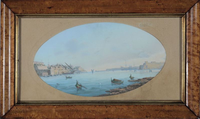 Anonimo del XIX secolo Veduta del Golfo di Napoli con Castel dell’Ovo  - Asta Arte Marinara e Strumenti Scientifici - II - Cambi Casa d'Aste