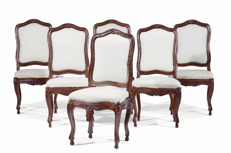 Sei sedie Luigi XV in noce intagliato a pellacce, Genova XVIII secolo  - Auction Important Artworks and Furnitures - Cambi Casa d'Aste