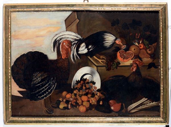 Scuola Italiana del XVII secolo Natura morta con tacchini e frutta