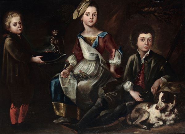 Pittore Lombardo del XVIII secolo Ritratto di tre fanciulli con cagnolino e scimmietta
