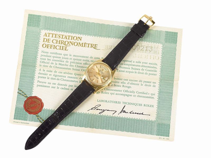 ROLEX, Oyster Perpetual, Day-Date, Superlative Chronometer Officially Certified, case No. 2809213, Ref. 1803,  center seconds, self-winding, water-resistant, 18K yellow gold wristwatch with day and date and a gold plated rolex buckle.  Accompanied by two original Guarantee. Made circa 1971  - Auction Watches and Pocket Watches - Cambi Casa d'Aste