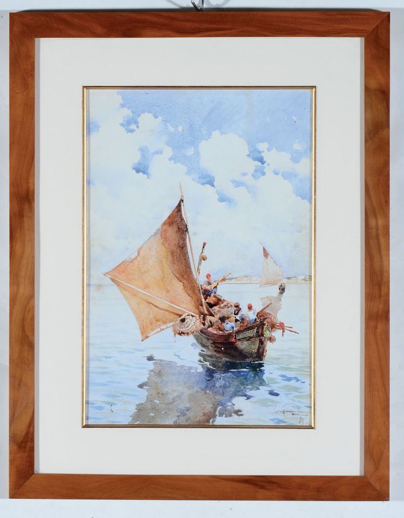Aurelio Craffonara (1875-1945) Barca con pescatori, 1919  - Asta Dipinti del XIX e XX secolo - Cambi Casa d'Aste