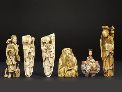 Sei Pezzi Scolpiti in Avorio Raffiguranti Personaggi, Cina, Dinastia Qing, XIX Secolo