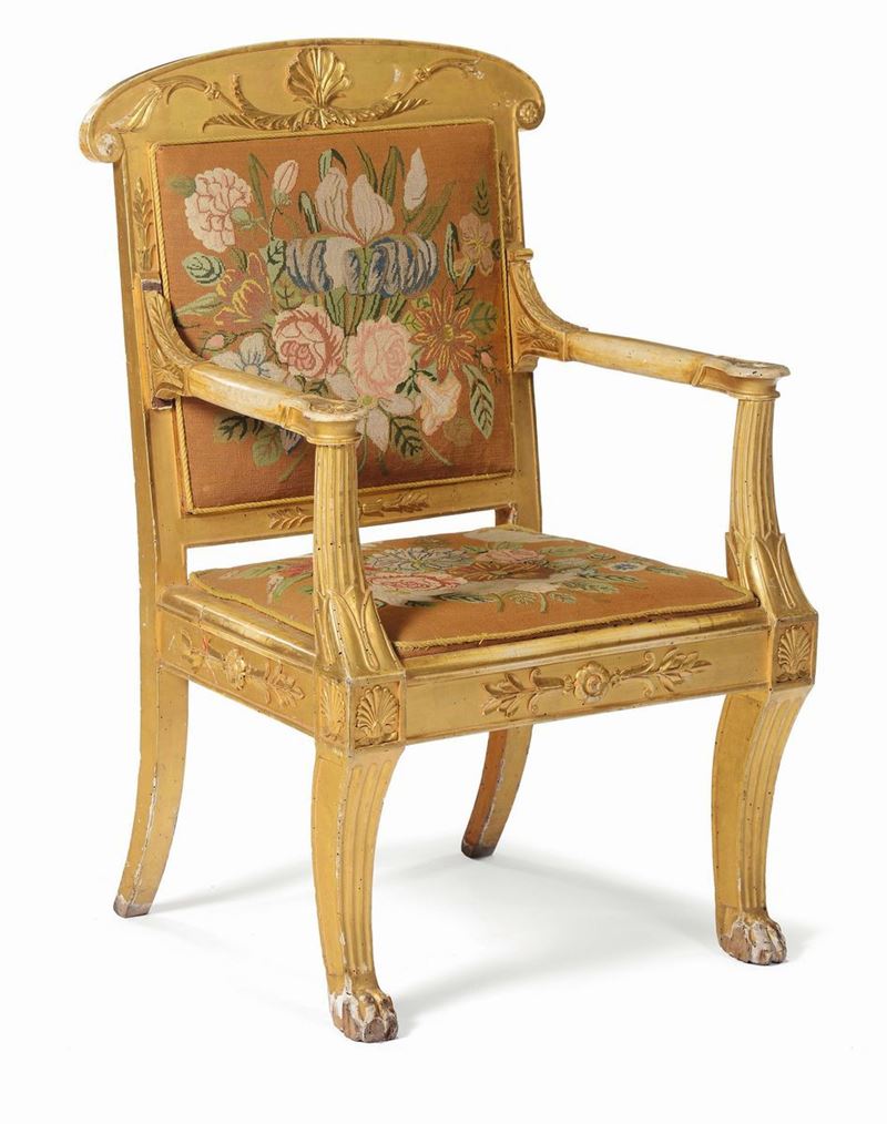 Poltrona in legno intagliato e dorato, XIX-XX secolo  - Asta Antiquariato - Cambi Casa d'Aste