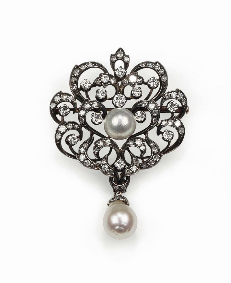 A diamond, gold and silver brooch and a pearl pendant  - Auction Jewels - II - Cambi Casa d'Aste