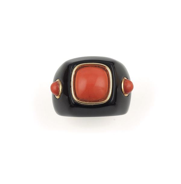 An onyx and coral ring. Seaman Schepps