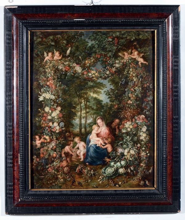 Jan Bruegel il Giovane (Anversa 1601 - 1678) Sacra Famiglia entro ghirlanda di fiori e putti sorretta  [..]