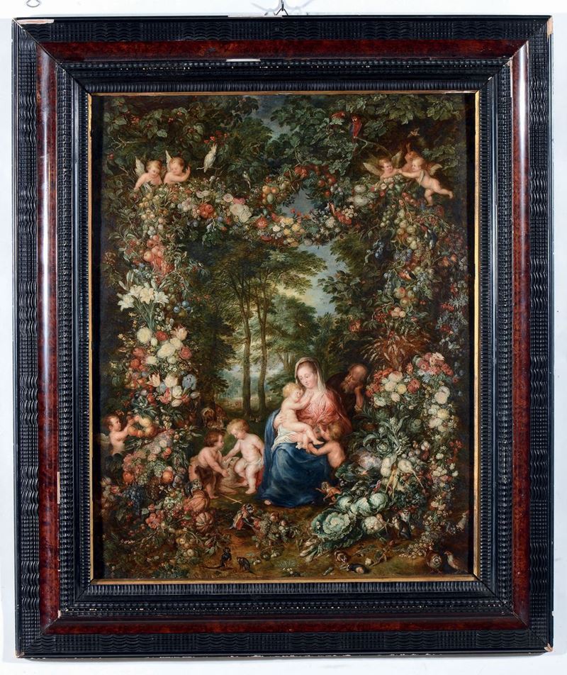 Jan Bruegel il Giovane (Anversa 1601 - 1678) Sacra Famiglia entro ghirlanda di fiori e putti sorretta da angeli  - Asta Dipinti Antichi - Cambi Casa d'Aste