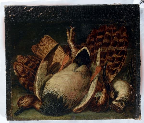 Scuola Lombarda del XVIII secolo Coppia di natura morta con pennuti
