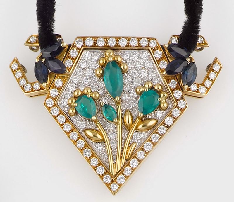 A diamond, emerald and sapphire pendant  - Auction Jewels - II - Cambi Casa d'Aste