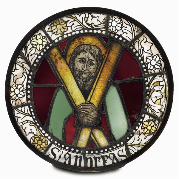 A polychrome glass depicting Saint Andrew. Glass artistry from Como, last decade of the 15th century - first decade of the 16th century