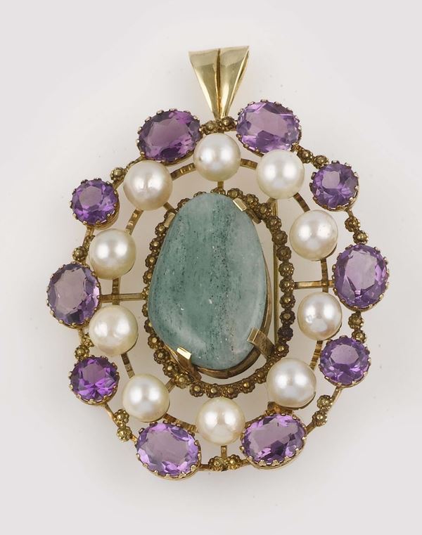 An aventurine, pearl and amethyst pendant
