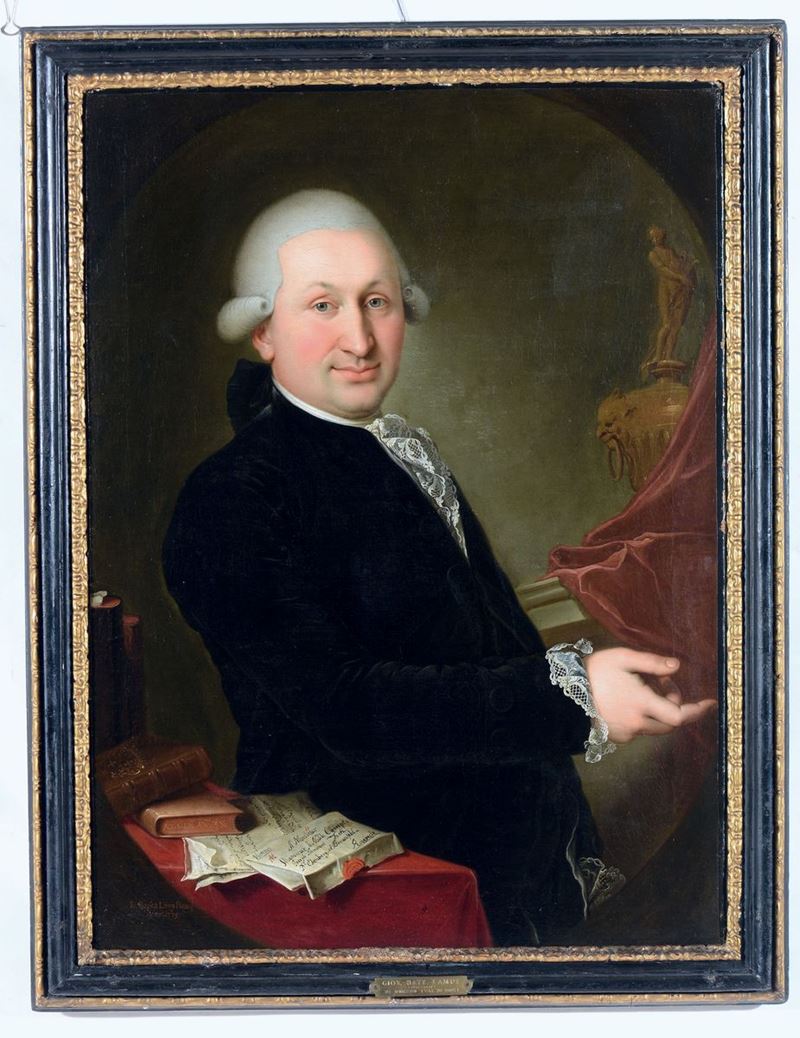 Giovanni Battista Lampi (Romeno 1751 - Vienna 1830) Ritratto di Joseph Innocent Festi con parrucca bianca e lettera con il nome  - Asta Dipinti Antichi - Cambi Casa d'Aste