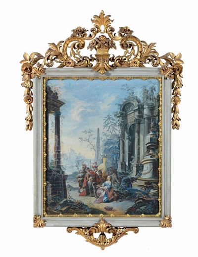 Scuola Bolognese del XVIII Secolocoppia di Scene Galanti Entro Rovina