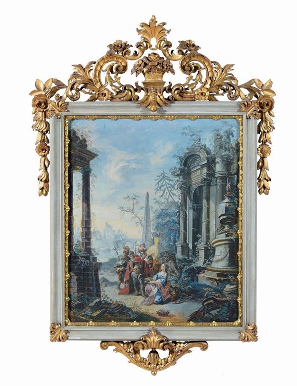 Scuola Bolognese del XVIII secolo Coppia di scene galanti entro rovina