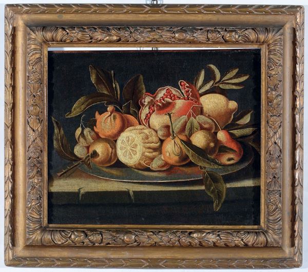 Maestro della fruttiera lombarda (XVI secolo), cerchia di Coppia di nature morte con melagrana, mele, pere, e limoni su un piatto