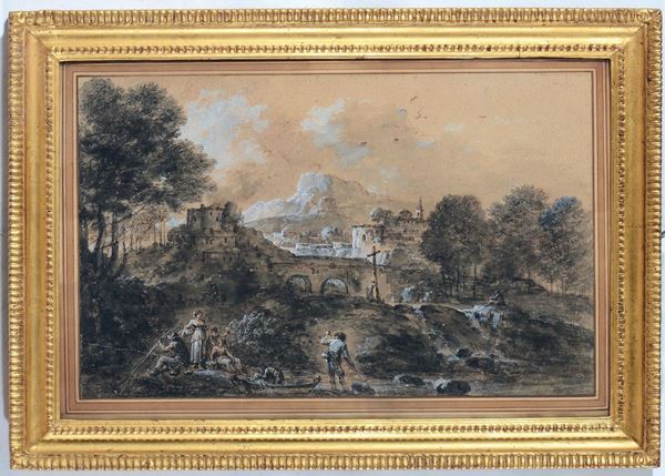 Francesco Zuccarelli (Pitigliano 1702 - Firenze 1788) Coppia di disegni raffiguranti paesaggi con fiume