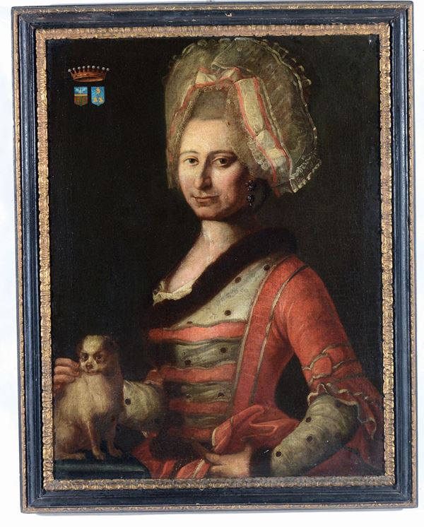 Scuola Italiana del XVIII secolo Ritratto della Contessa Ursula Arcangela Saracini Balfort in abito rosso con cagnolino