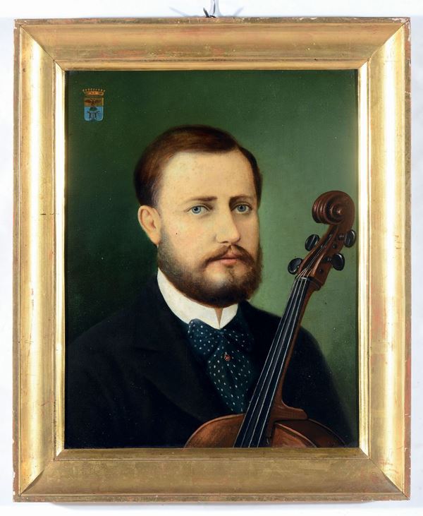 Scuola Italiana del XIX secolo Ritratto del Conte Gerrardo Beretta con violino, testa e spalle, con stemma